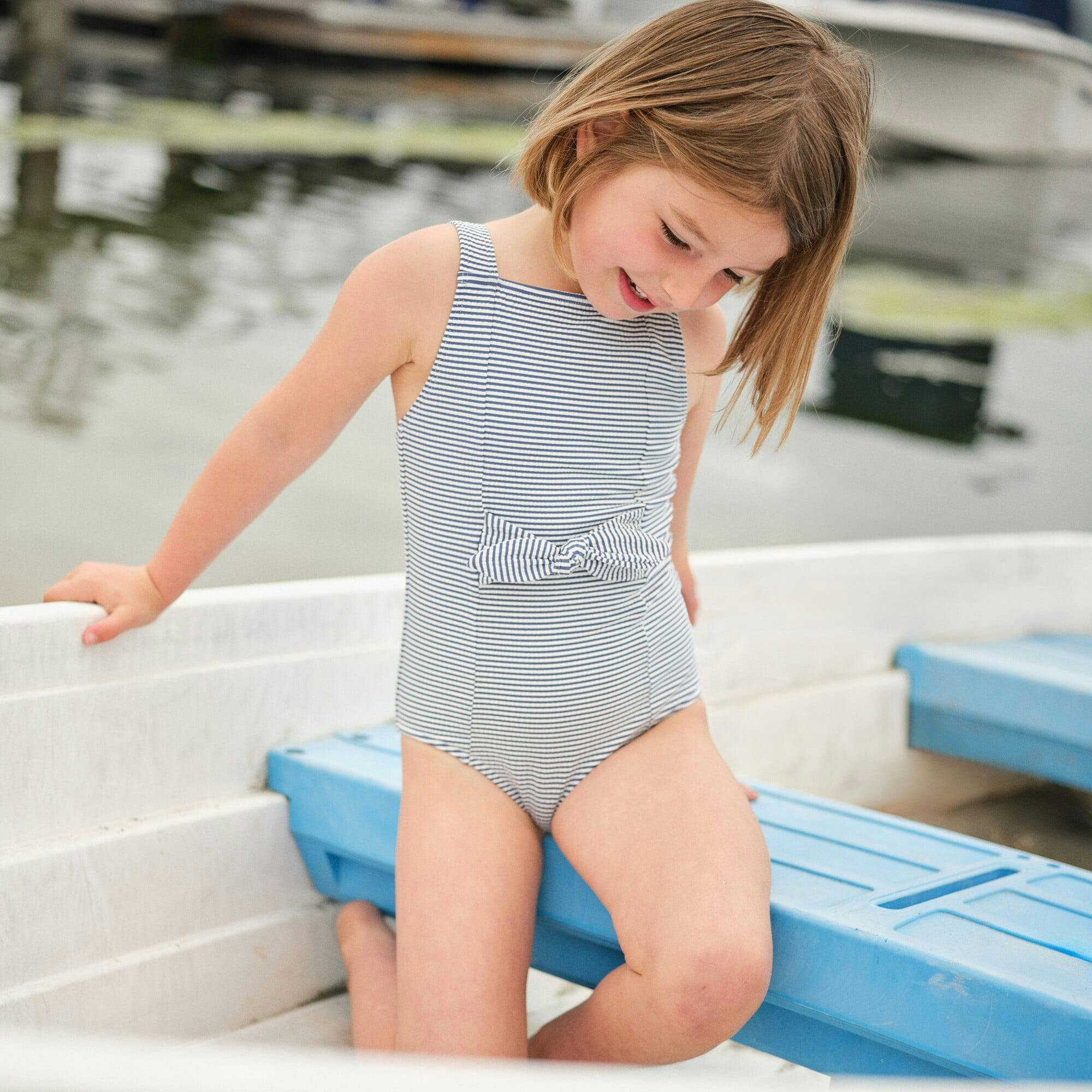 Girls Harbor Stripe Tie-Front One Piece