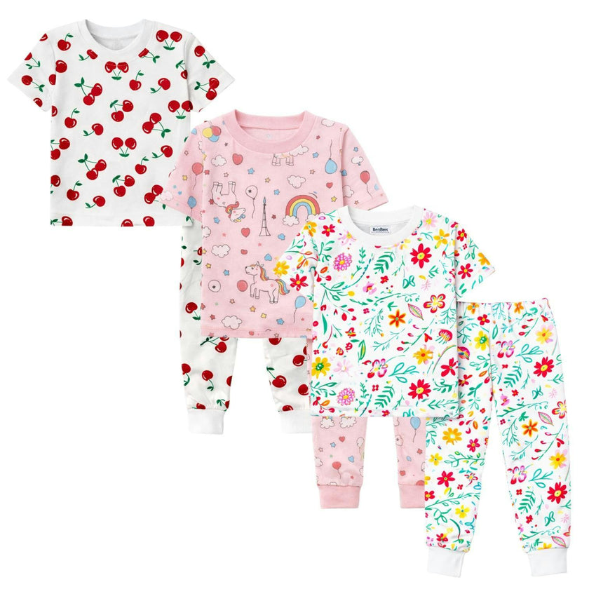 Kids and Toddlers 3 Pack Girls Flowers/Rainbows/Cherries Shorts Sleeve Snug Fitted Pajamas