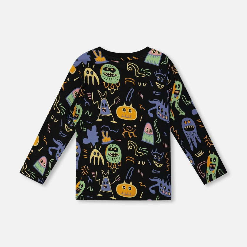 Long Sleeve Organic Cotton Allover Monsters Print Tee