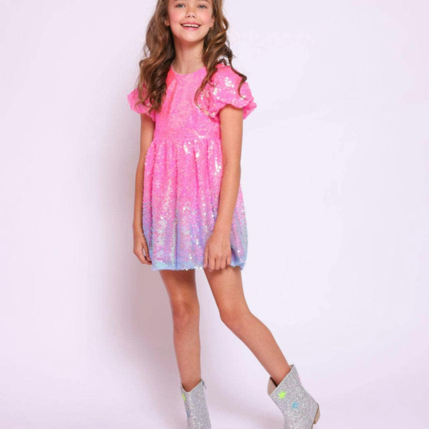 Bubble Gum Short Puff Sleeve Shimmer Sequin Dress