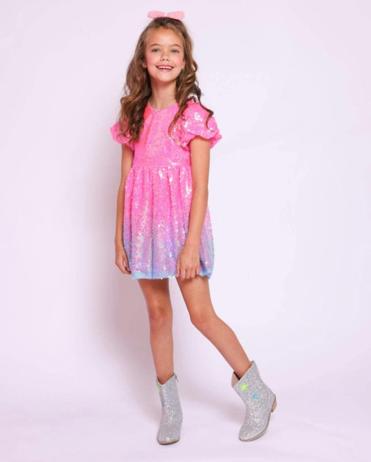 Bubble Gum Short Puff Sleeve Shimmer Sequin Dress