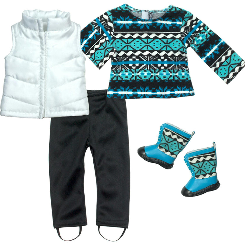 Sophia’s Teal & Black Ikat Print Sweater and Matching Boots, Black Leggings, and Puffy White Vest