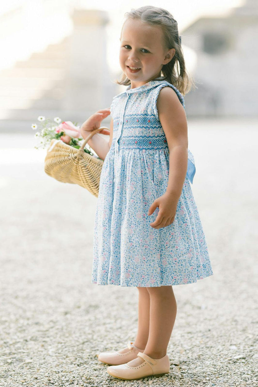 Olympe Blue Floral Sleeveless Smocked Dress
