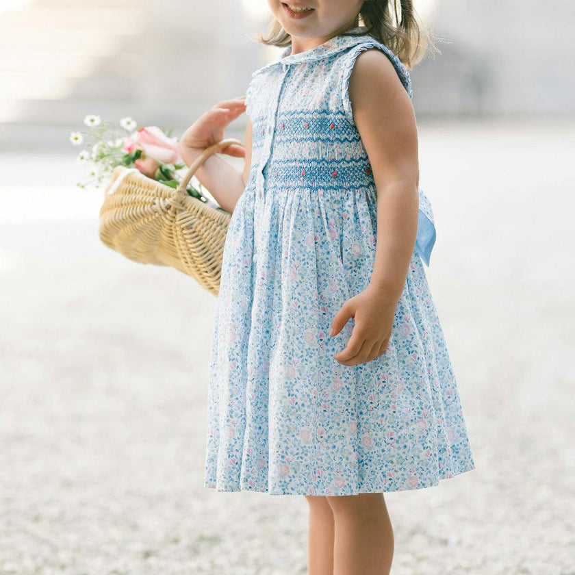Olympe Floral Blue Sleeveless Smocked Dress