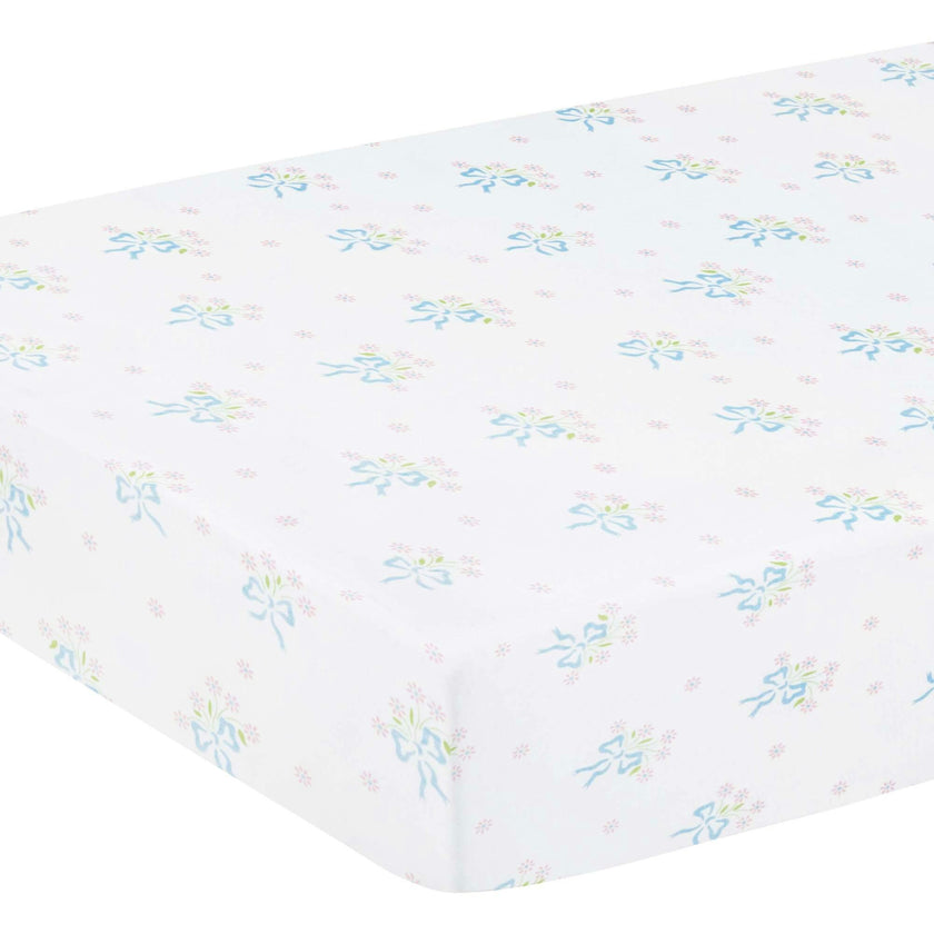 Pima Crib Sheet - Blue Bow Bouquet