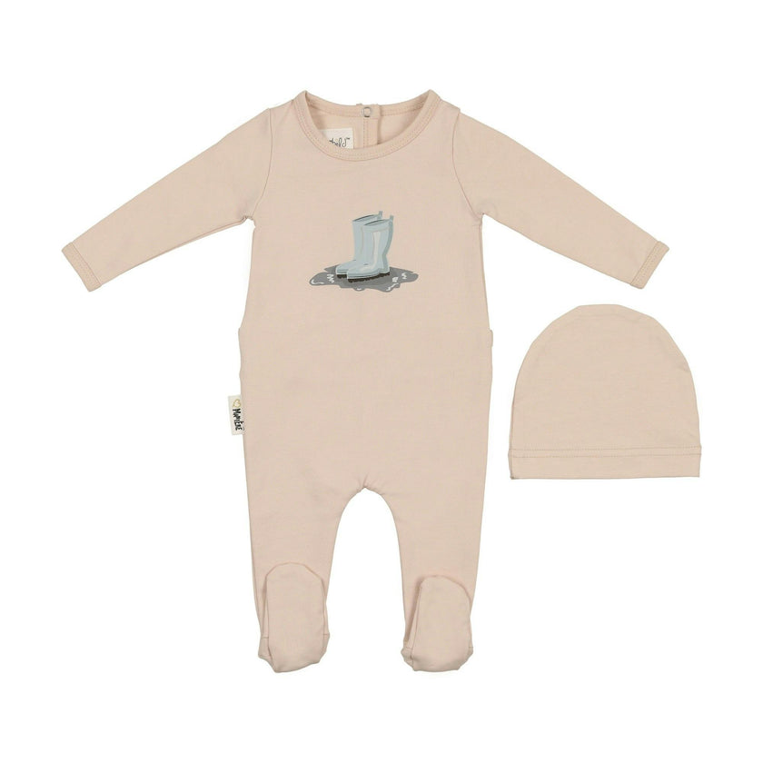 Rain Boot Print Footie and Beanie Set
