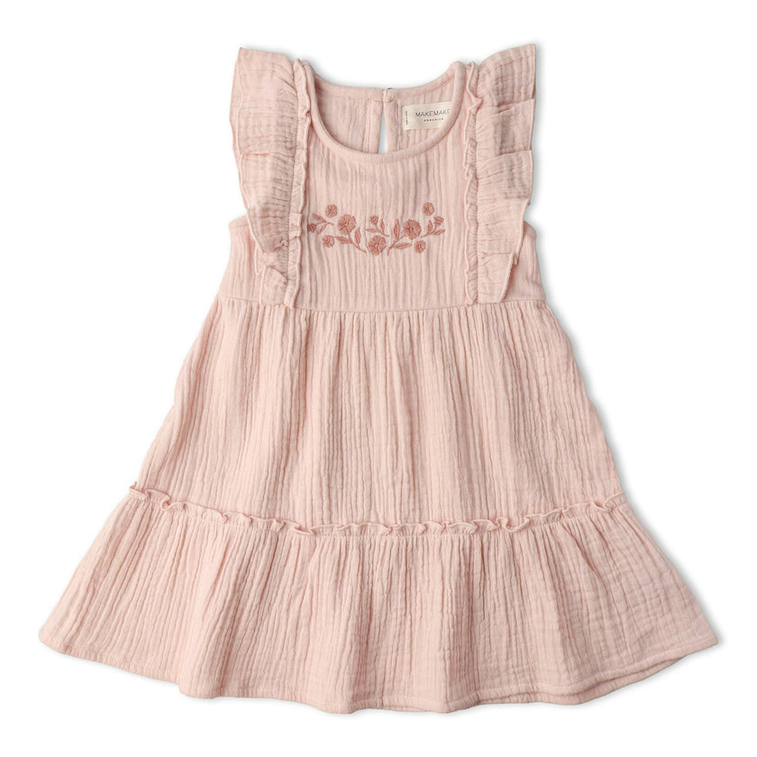 Organic Embroidered Tiered Dress - Blush