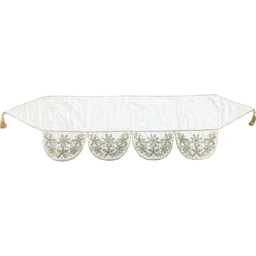 Ivory Velvet Mantel Scarf Hand Beading and Crewel Embroidery - 72"