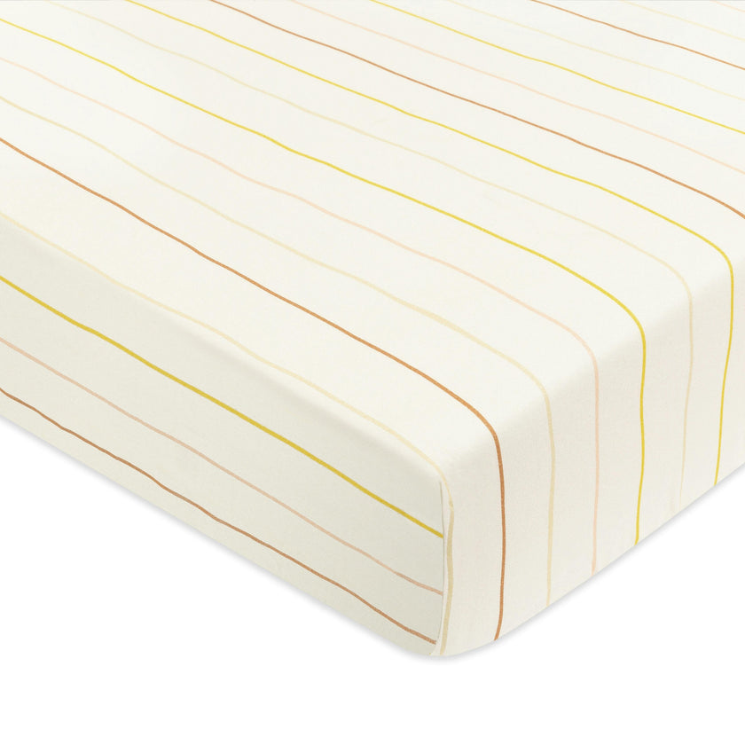 Crib Sheet in GOTS Certified Organic Brushed Cotton in Ivory with Warm Multi-Color Stripes