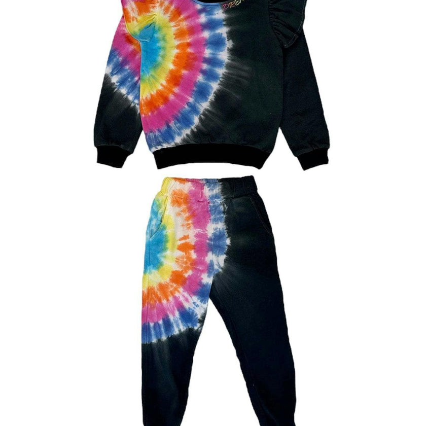 Rainbow Tie-Dye Ruffle Sweatshirt And Pant Set
