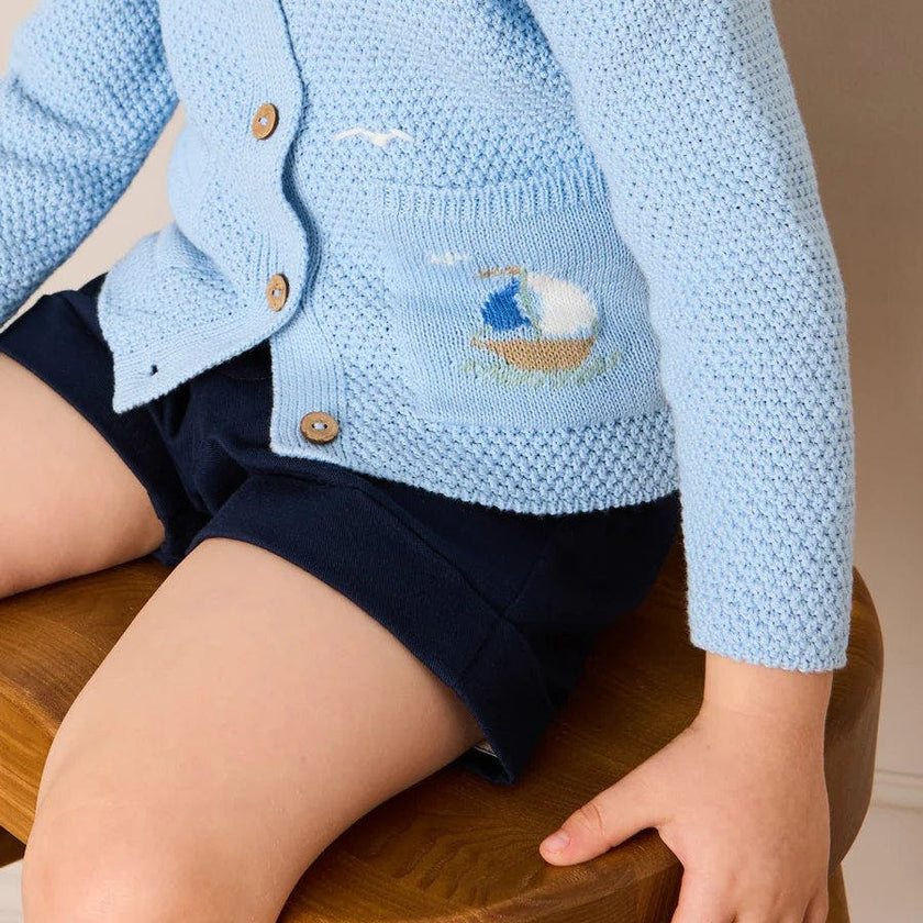 Nautical Boat Embroidery Polo Collar Cardigan in Sky Blue (12mths-6yrs)