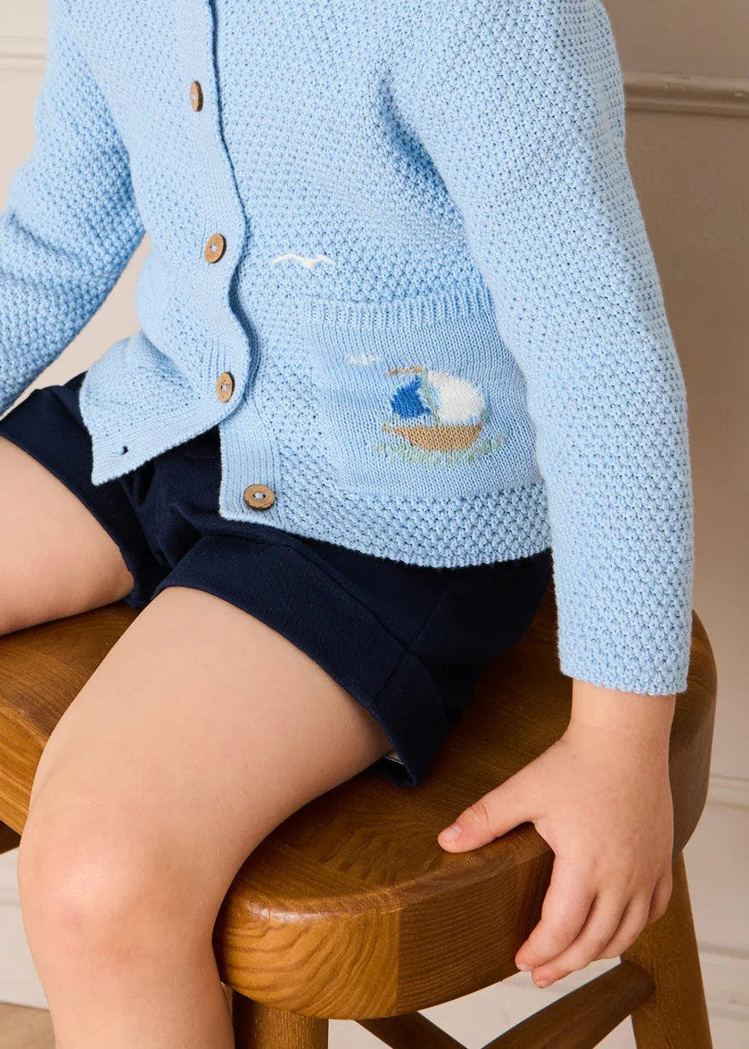 Nautical Boat Embroidery Polo Collar Cardigan in Sky Blue (12mths-6yrs)