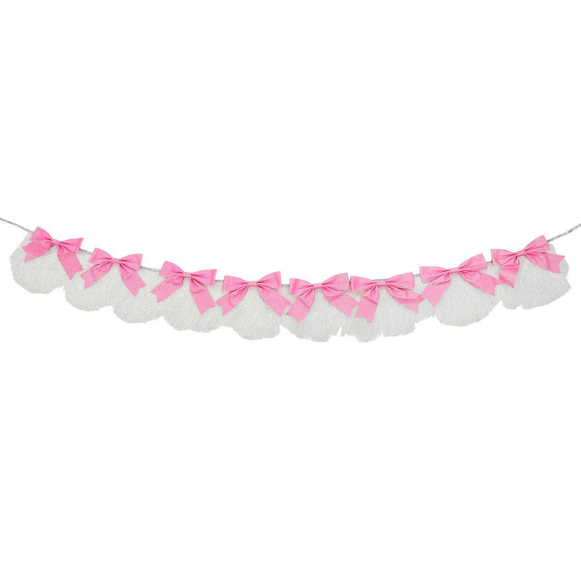Packed Party Beautiful Bows Reusable Glitter Fringe Garland - 80-Inch Pink and White Fringe Banner with 3D Pink Glitter Bows for Birthdays and Showers