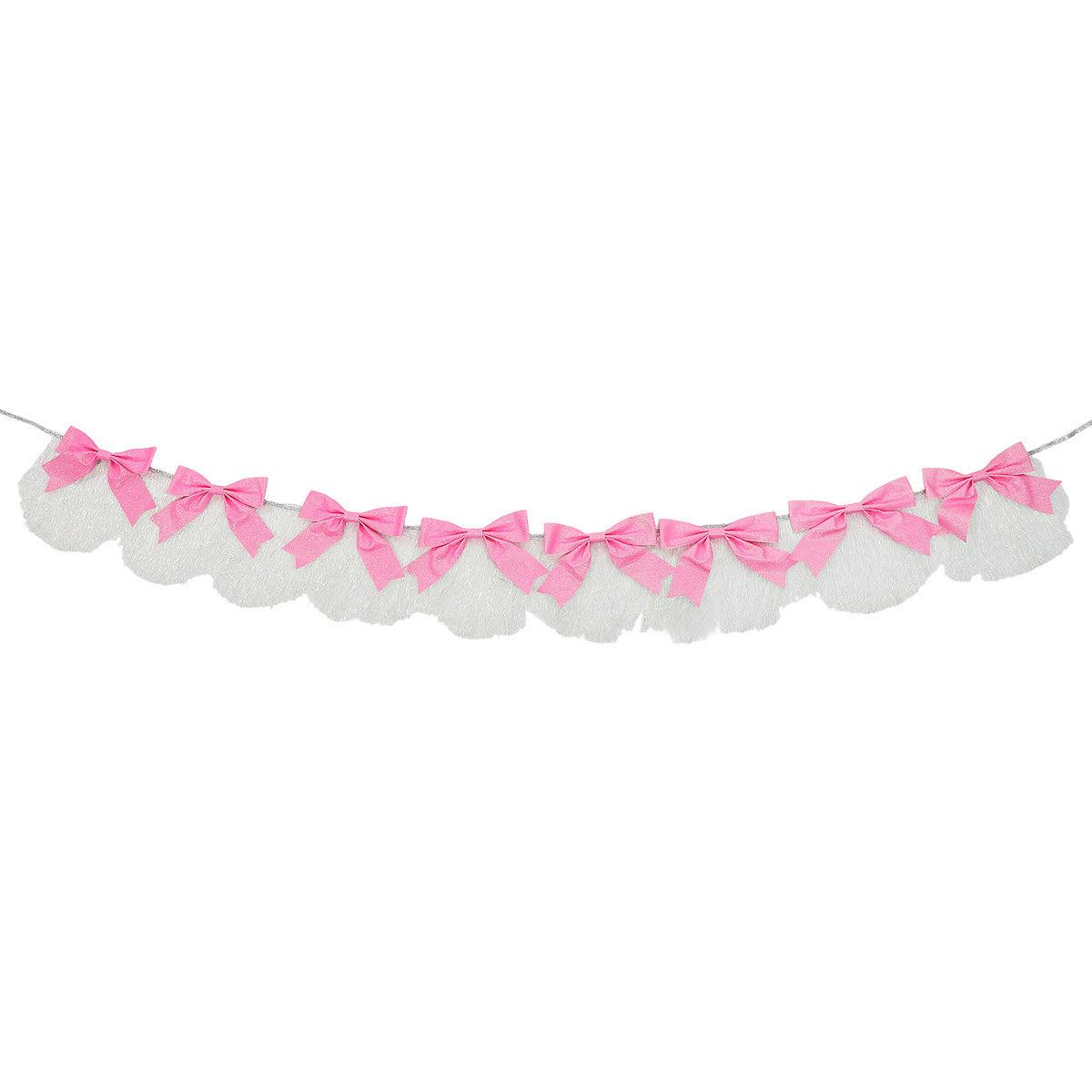 Packed Party Beautiful Bows Reusable Glitter Fringe Garland - 80-Inch Pink and White Fringe Banner with 3D Pink Glitter Bows for Birthdays and Showers