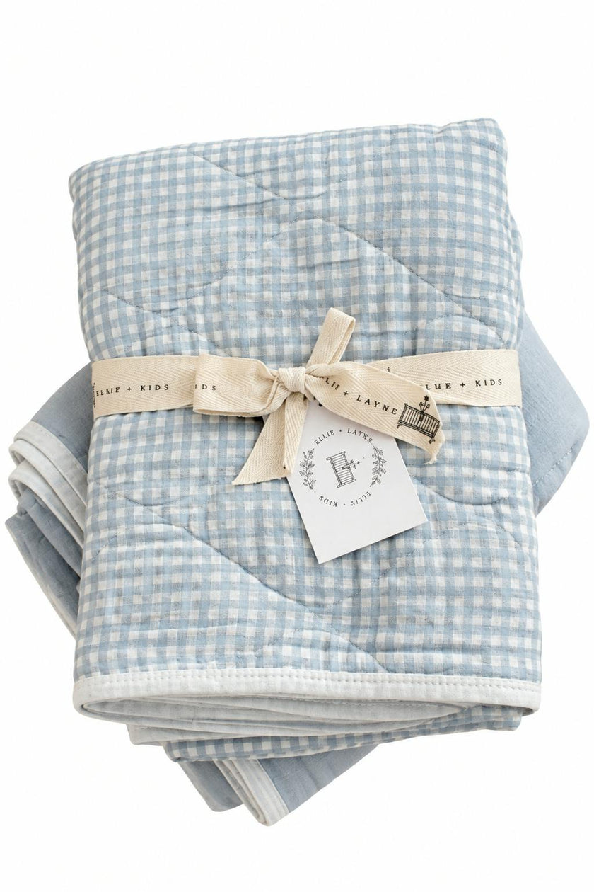 Dusty Blue Solids + Gingham QUILTED 6 Layer Gauze Blanket