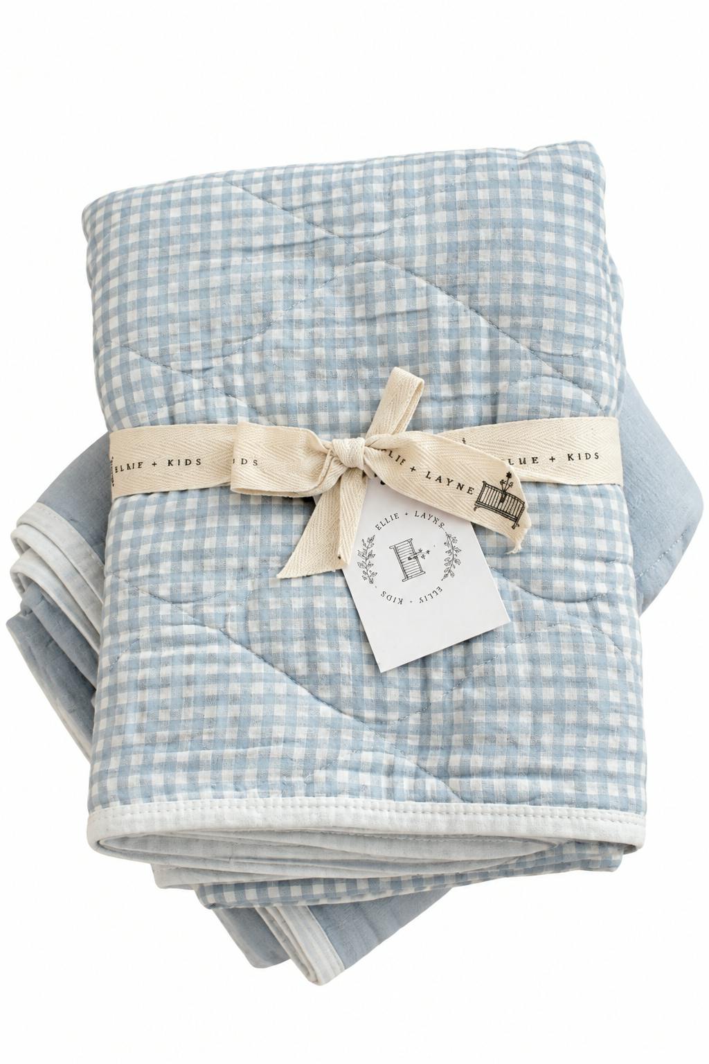 Dusty Blue Solids + Gingham QUILTED 6 Layer Gauze Blanket