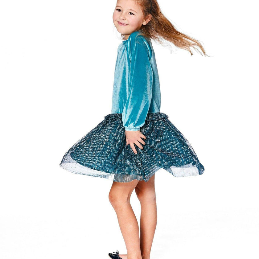 Long Sleeve Bi-Material Velvet and Pleated Mesh Dress
