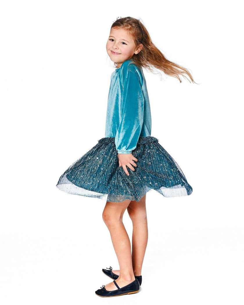 Long Sleeve Bi-Material Velvet and Pleated Mesh Dress