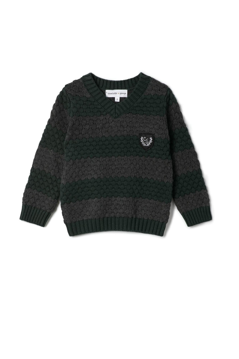 Striped Knit Textured V-Neck Sweater
