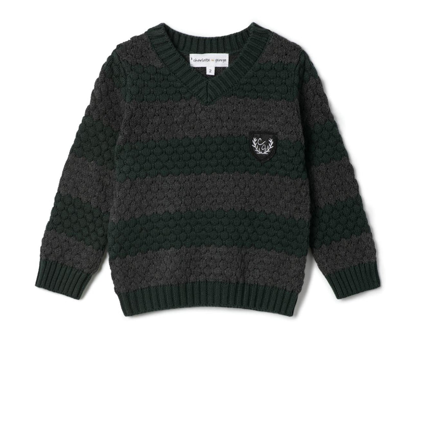 Striped Knit Vneck Sweater Forest/Charcoal