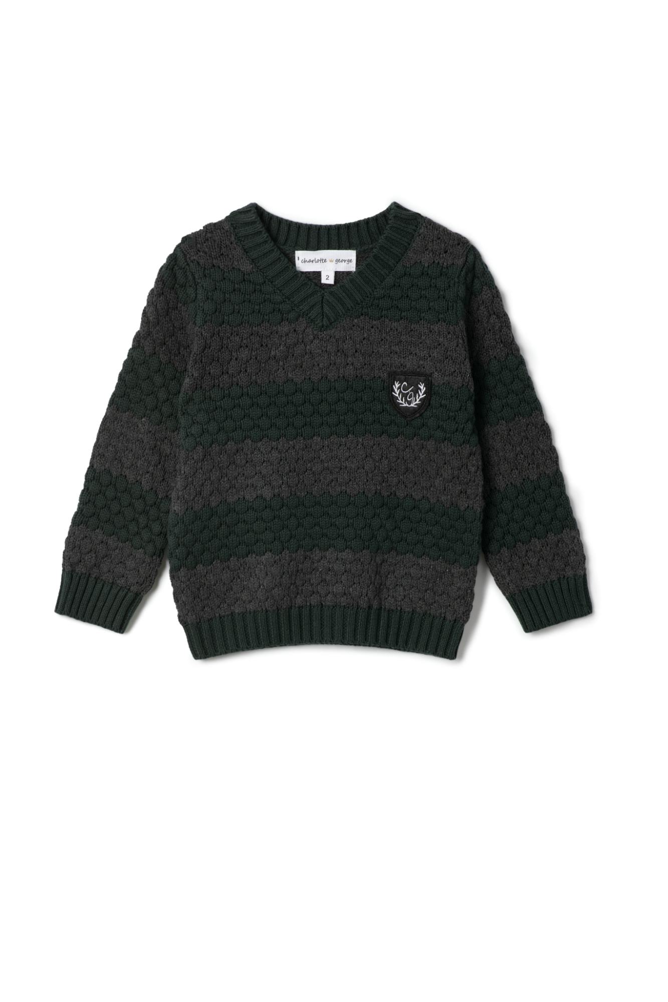 Striped Knit Vneck Sweater Forest/Charcoal