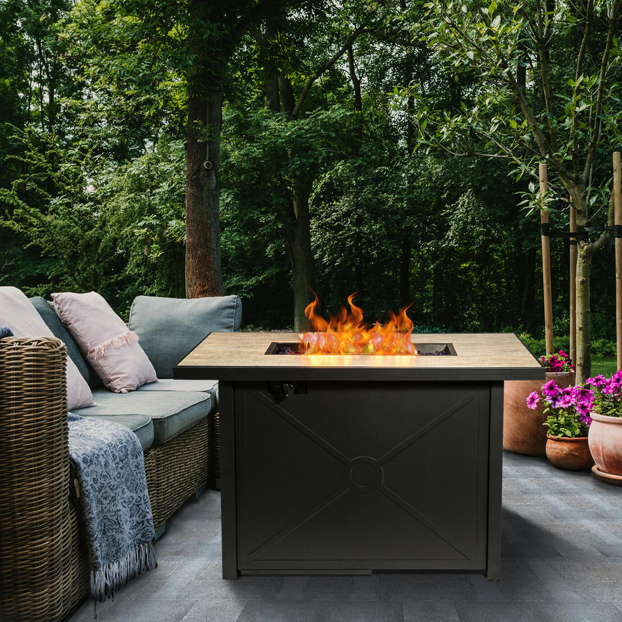Outdoor Rectangular Propane Ceramic Gas Fire Pit with Steel Base