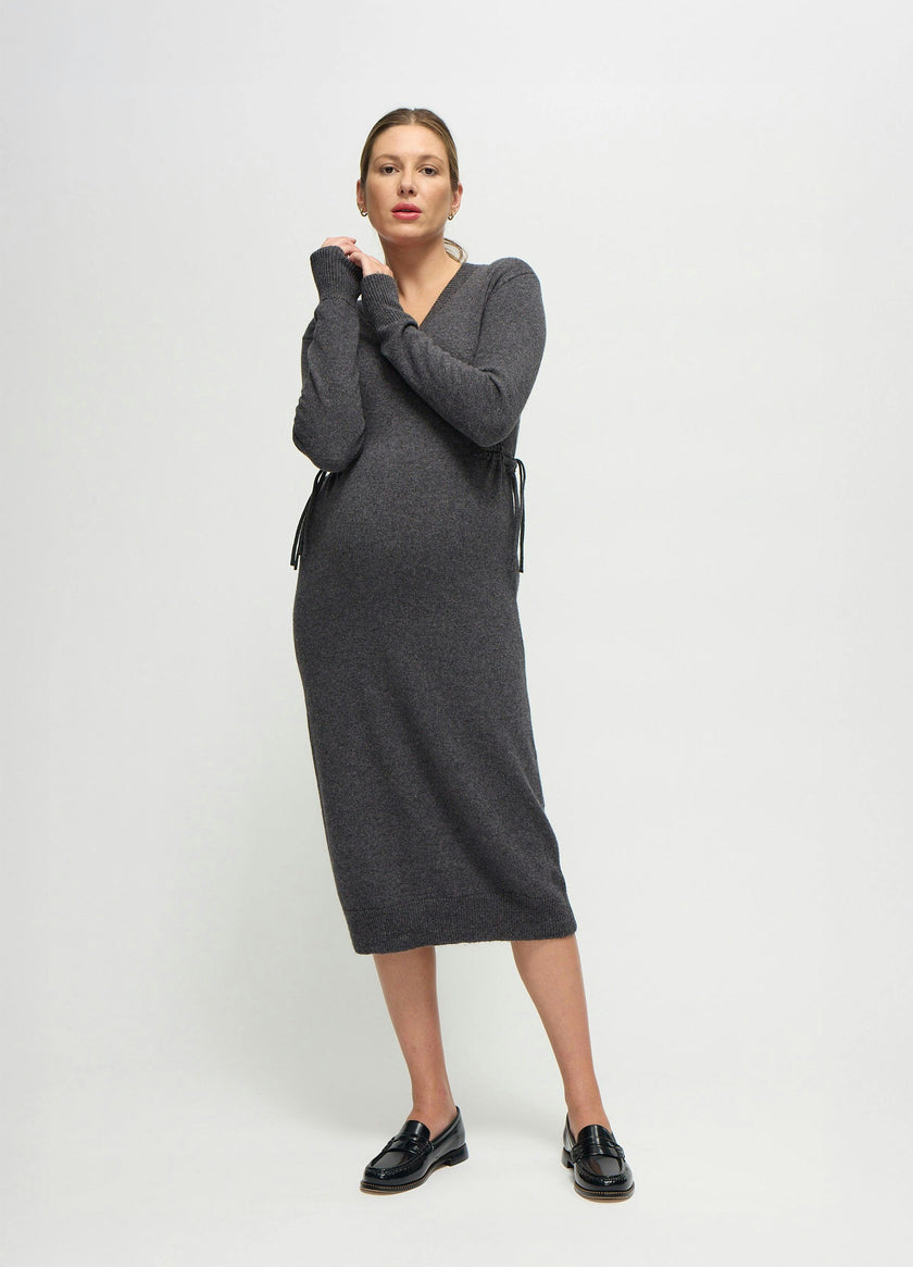 The Soft V-Neck Side Tie Sweater Grey Midi Maternity Dress