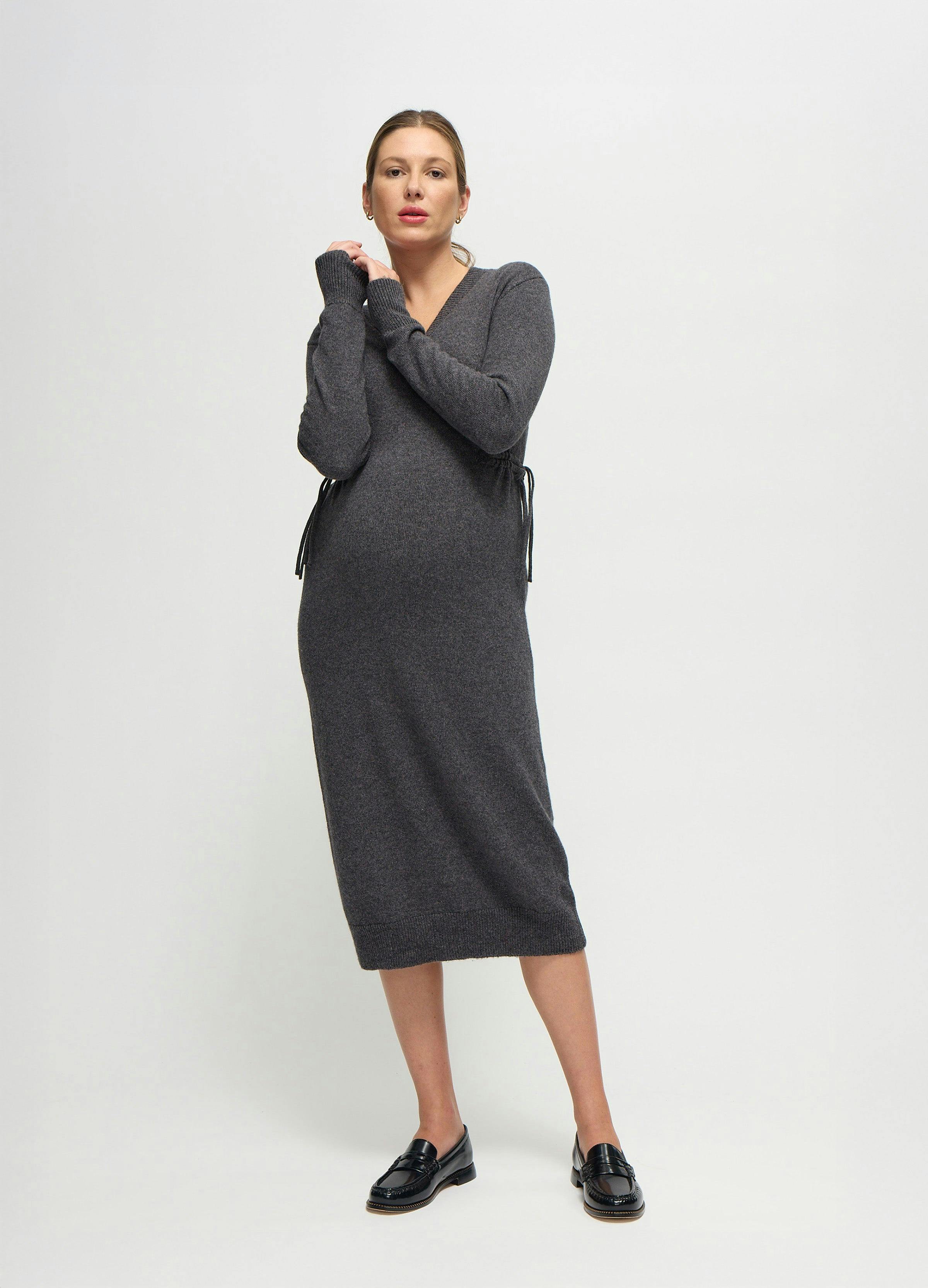 The Soft V-Neck Side Tie Sweater Grey Midi Maternity Dress