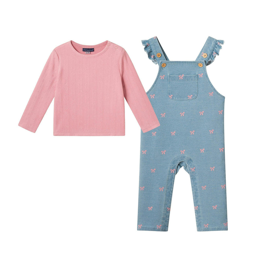 Infant Knit Denim Overall Set | Pink Bows
