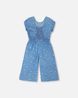 Chambray Jumpsuit Blue Flower Print