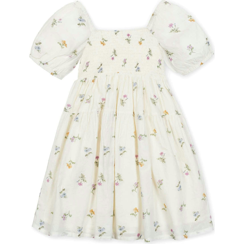Organic Bubble Sleeve Smocked Dress, White