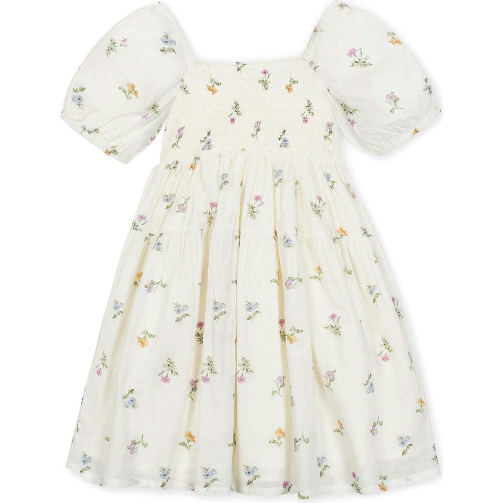 Organic Bubble Sleeve Smocked Dress, White