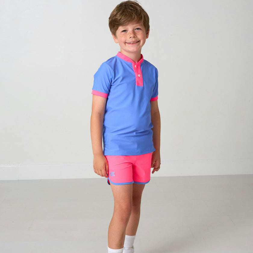 neon pink retro super short with sky blue piping