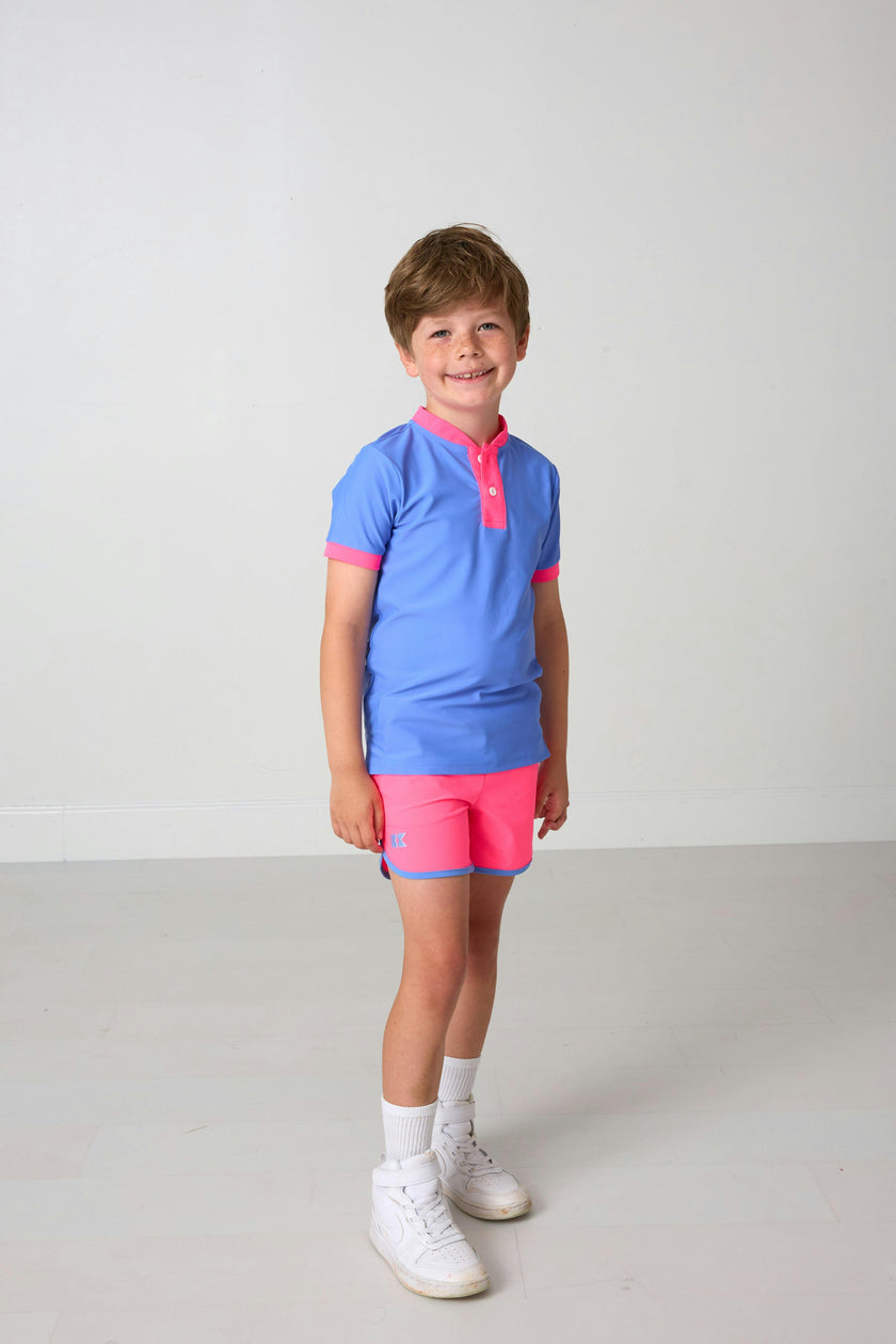 neon pink retro super short with sky blue piping