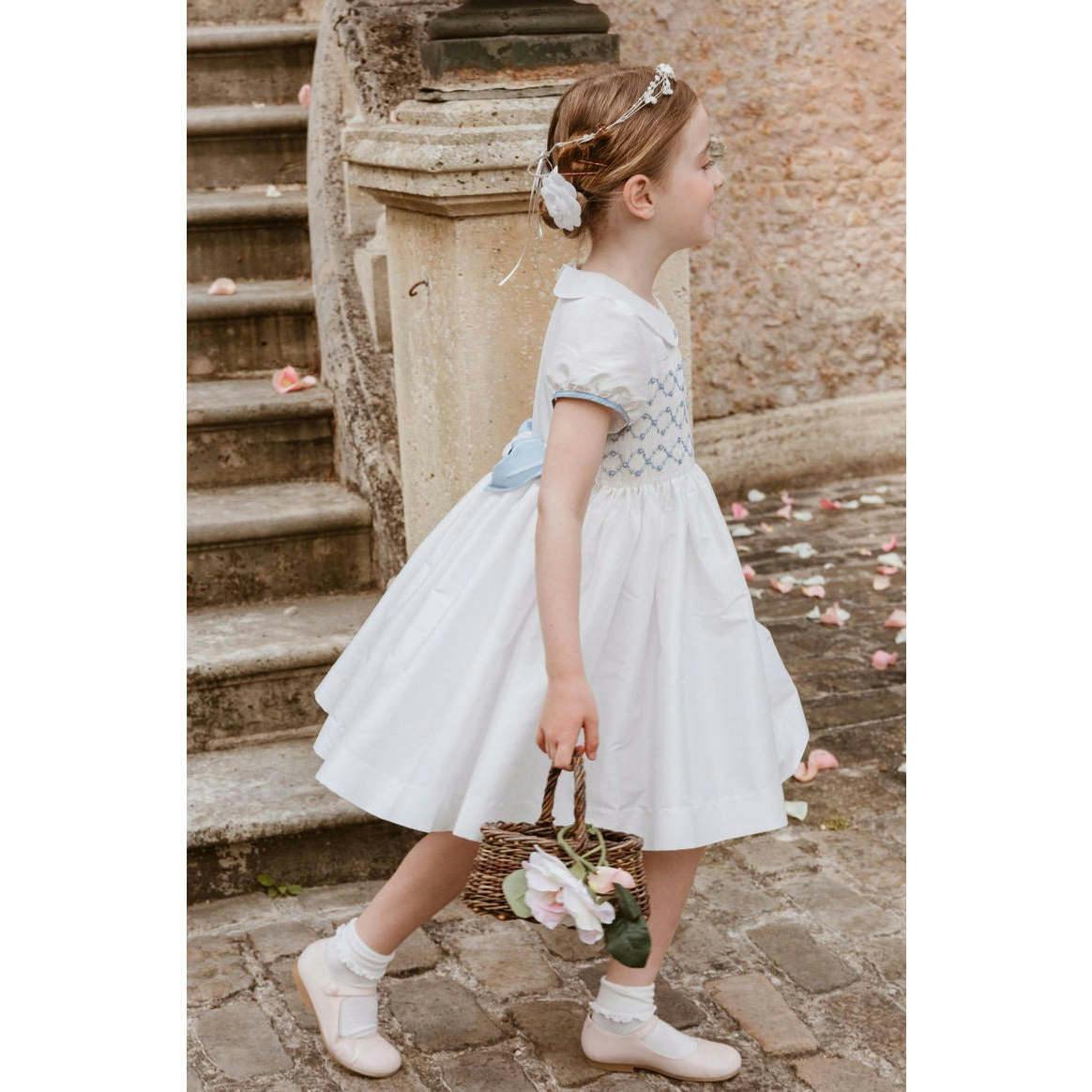 Bagatelle White/Blue Silk Handmade Smocked Dress