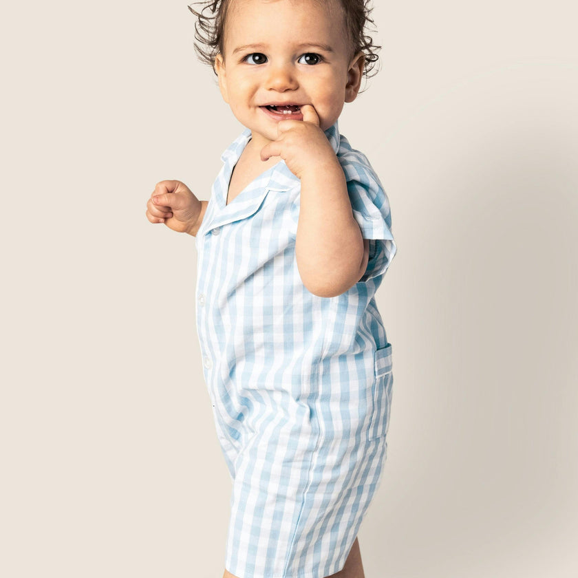 Baby's Twill Summer Romper in Light Blue Gingham