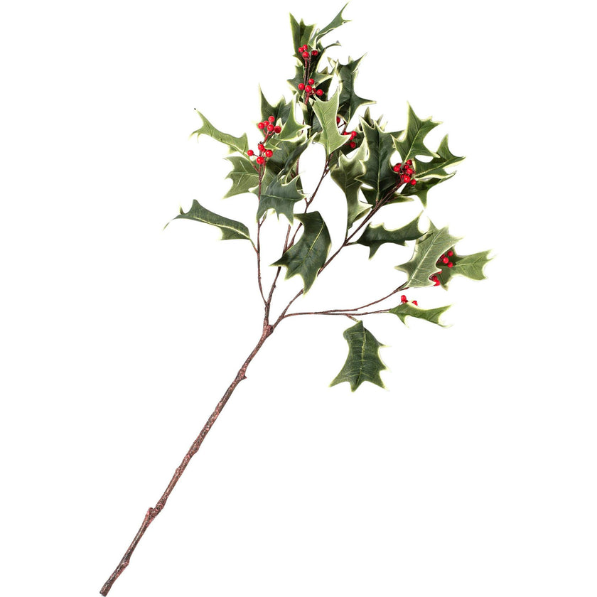 Green Variegated Large Holly Berry Branch Faux Christmas Botanical Winter Foliage - 31"