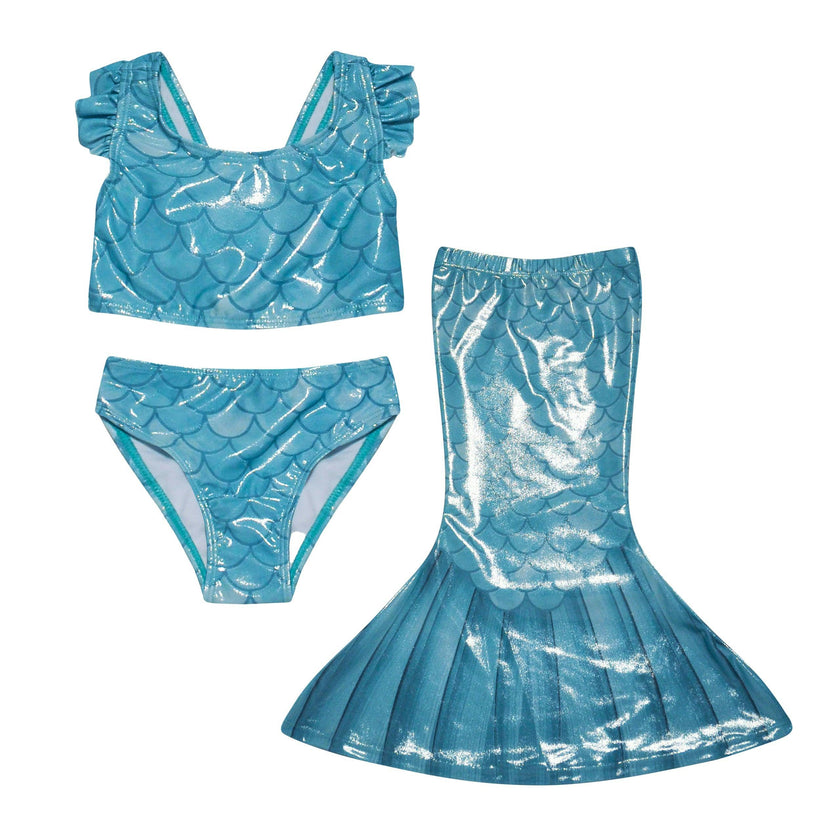 UPF 50+ 3 Piece Mermaid Swim Set w/ Ruffle Shoulder