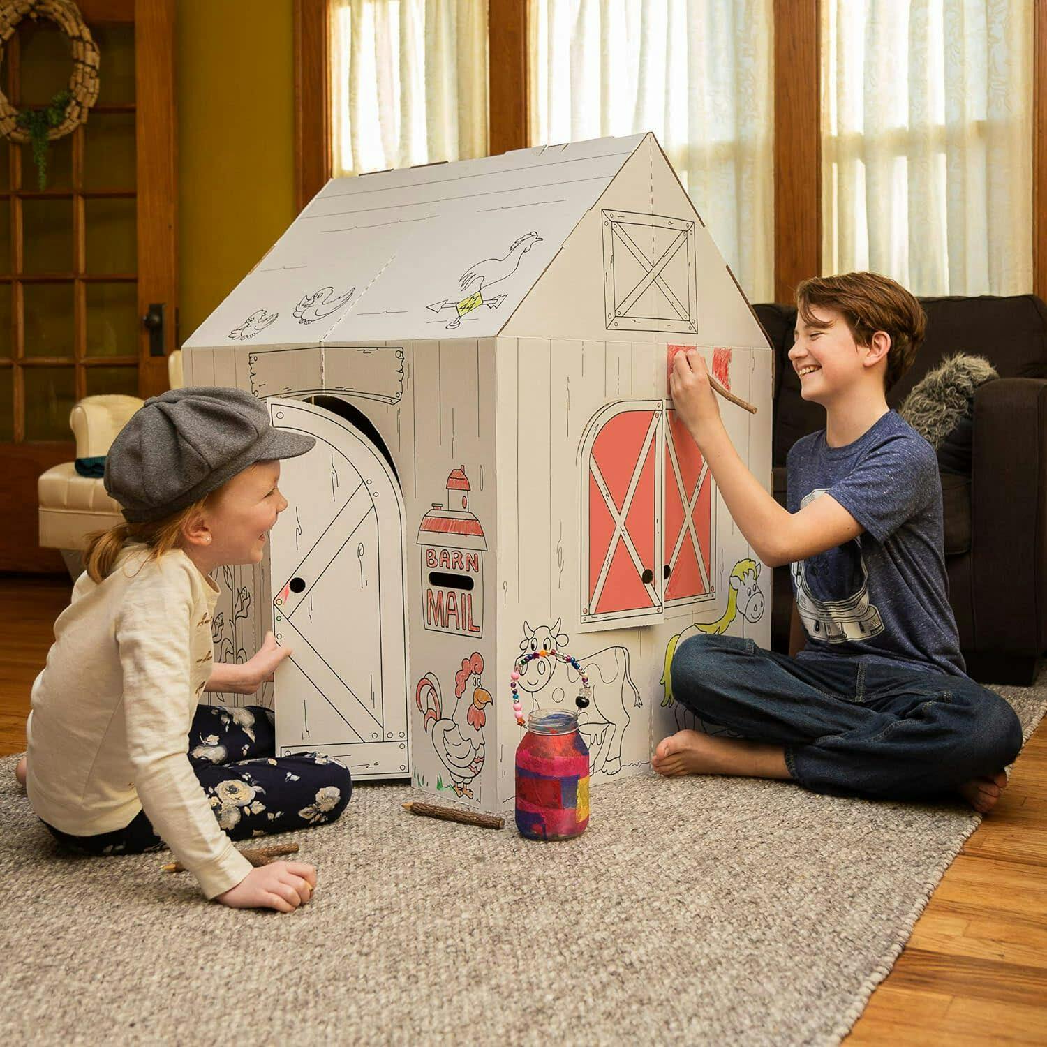 Cardboard Coloring Playhouse Barn - Kids Art & Craft for Indoor & Outdoor