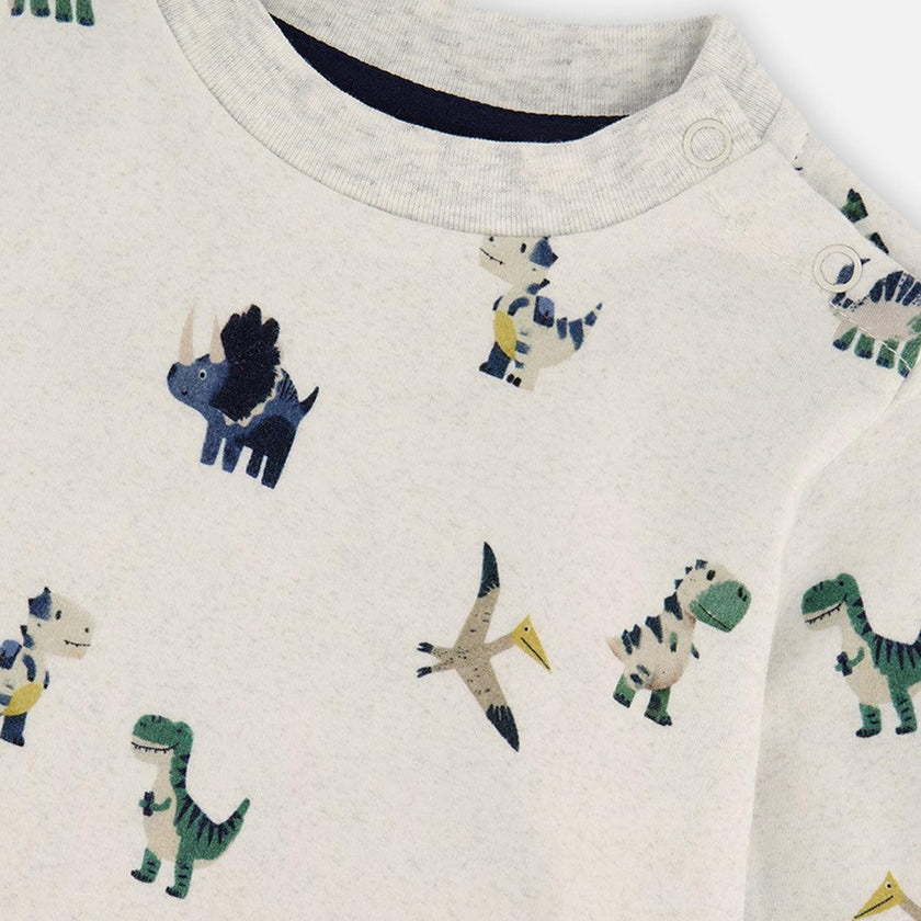 Baby Cotton T-Shirt & Fleece Pant Set Beige Dinosaur Print