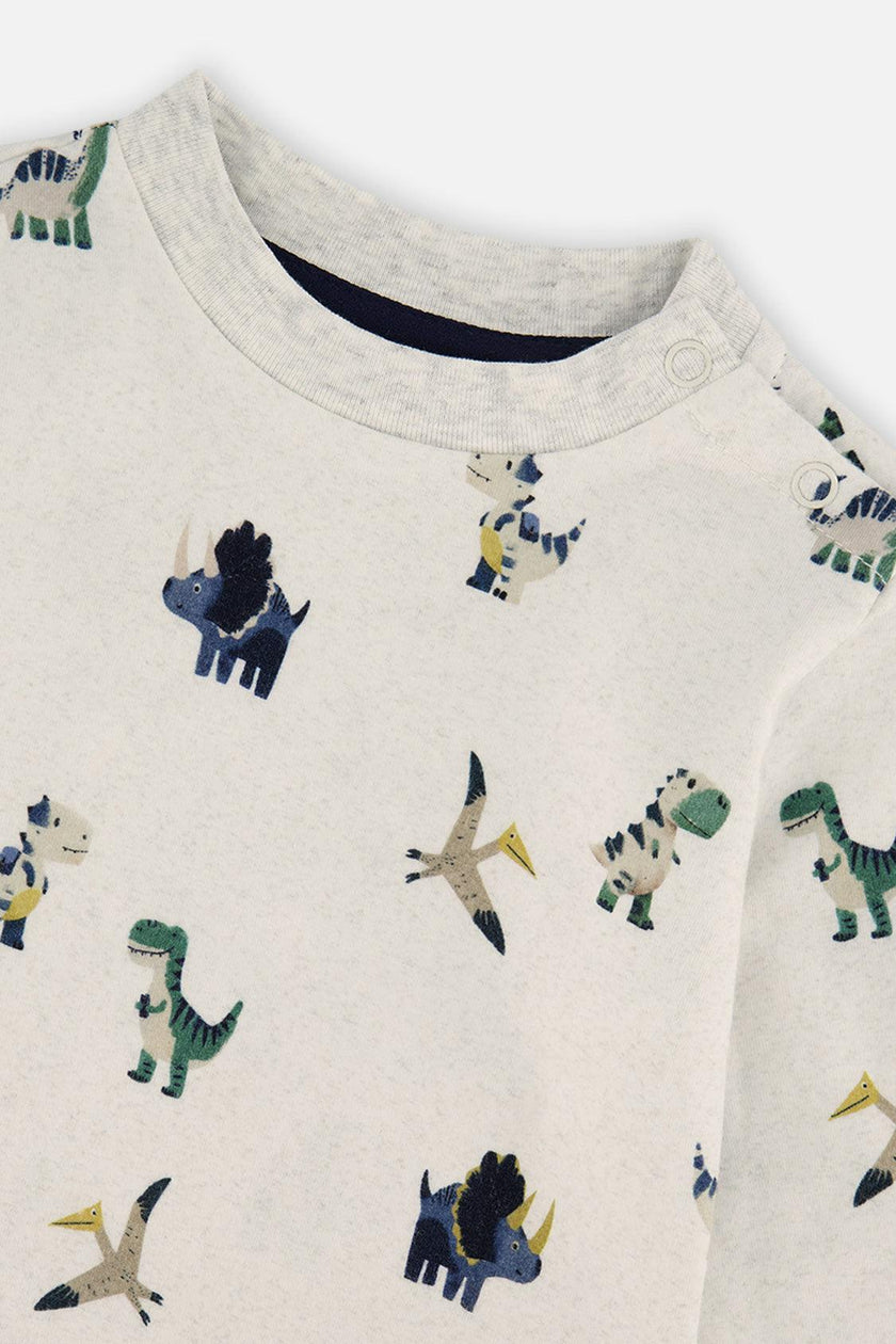 Baby Cotton T-Shirt & Fleece Pant Set Beige Dinosaur Print