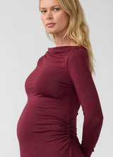 Ruched Long Sleeve Mock Neck Maternity Midi Dress