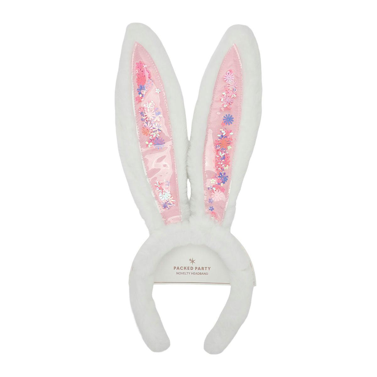 Packed Party Too Cute to Hop Plush Bunny Ears Headband - Trapped Pastel Confetti Interior with Fuzzy White Trim for Easter Parties and Spring Celebrations