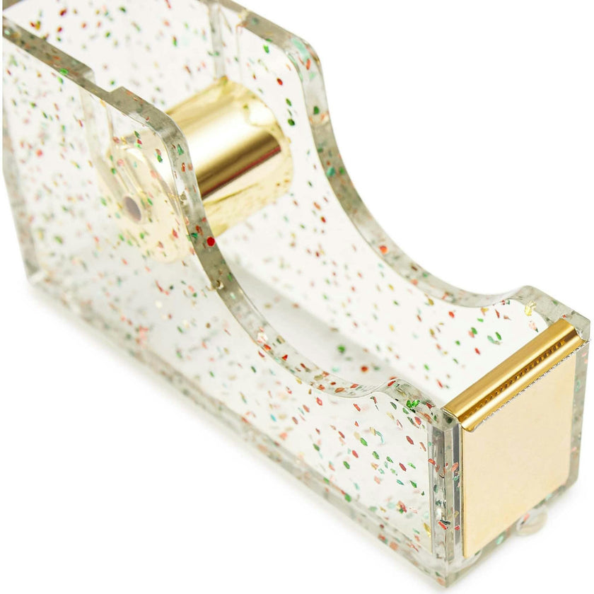 Packed Party Confetti Party Acrylic Tape Dispenser - Clear Confetti-Injected Acrylic with Gold Metal Hardware and Weighted Base for Home School and Office Desks
