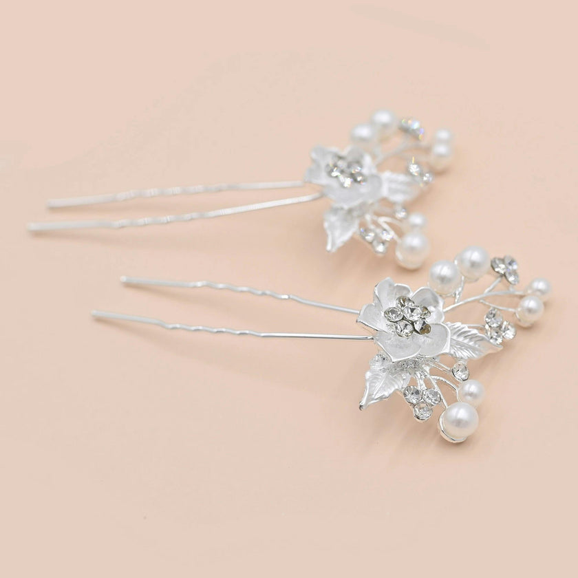 Crystal Flower Pearl Accent Hair Pins