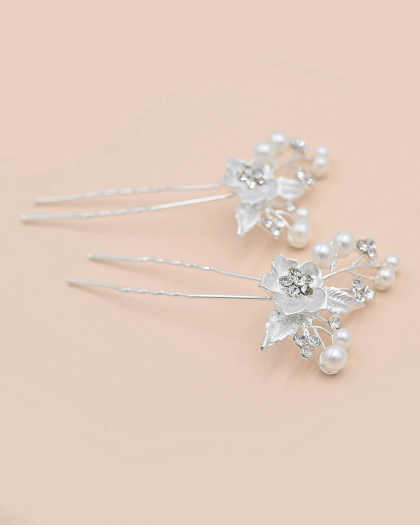 Crystal Flower Pearl Accent Hair Pins