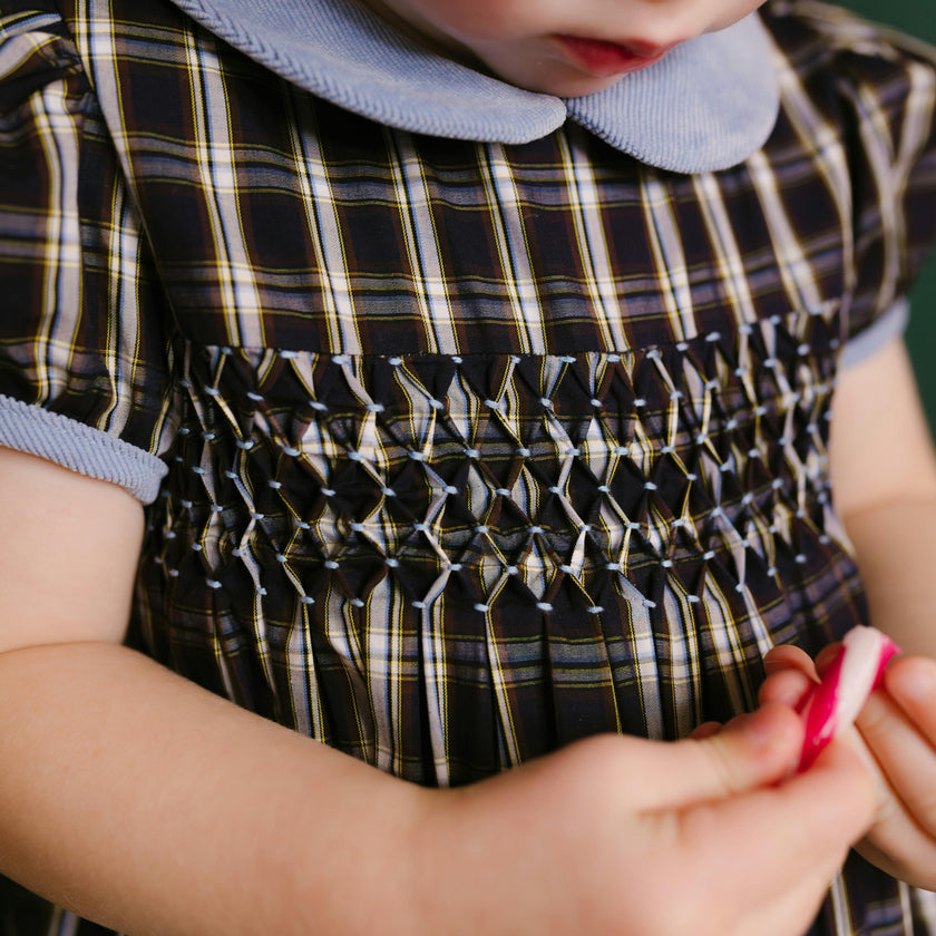Angelica Navy Tartan Short Sleeve Smocked Bubble
