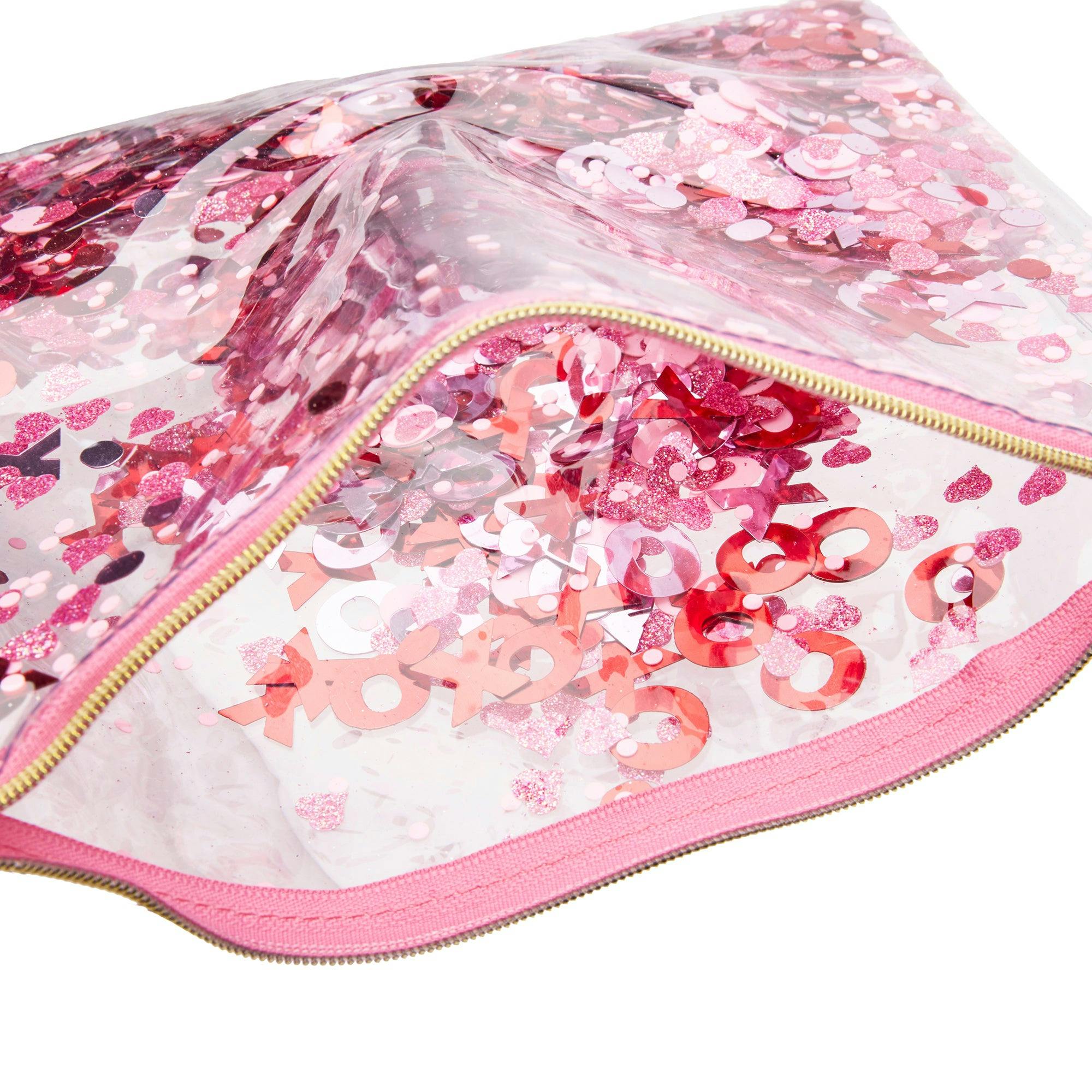 Packed Party Valentine XO Confetti Everything Pouch - Pink Red XOXO Confetti-Trapped Clear Vinyl Clutch Organizer, 8.75x7.75 Inch