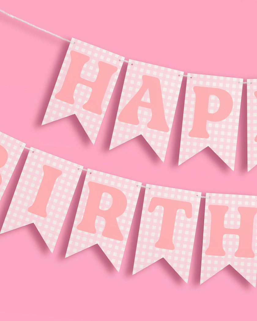 Gingham Birthday Banner - pre-strung banner