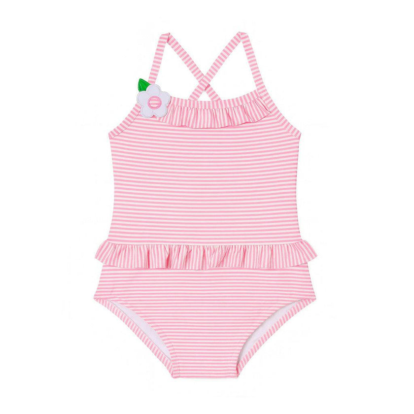 Stripe Seersucker Swimsuit with Flower